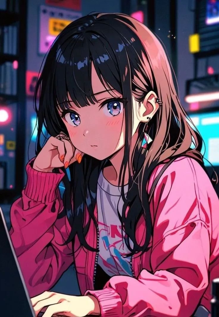 anime girl dp for Instagram, anime girl with pink highlights, joyful anime girl